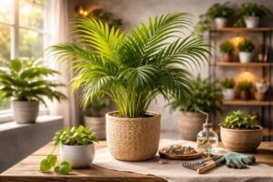 Areca palm in a woven pot placed on a wooden table in a bright indoor room.