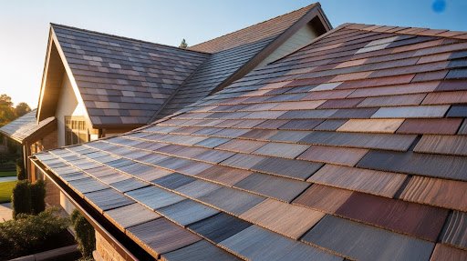 Suburban home with a dark brown shingled roof, tan siding, and a matching wooden garage door.