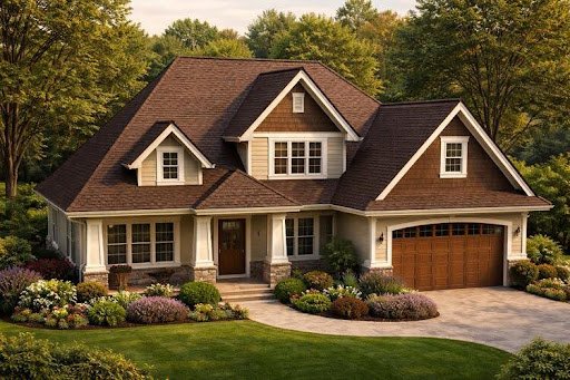Suburban home with a dark brown shingled roof, beige siding, white trim, and professional landscaping.