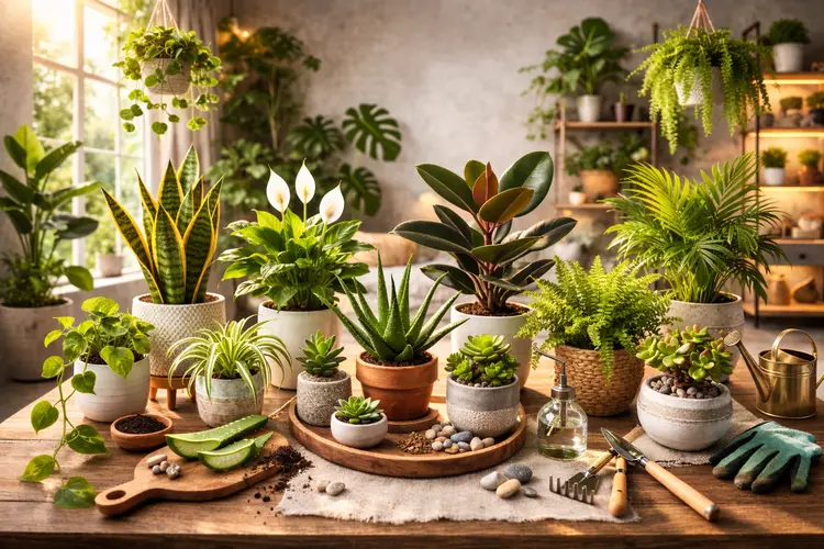Sunlit indoor garden setup with various potted houseplants arranged on a wooden table in a cozy living room.
