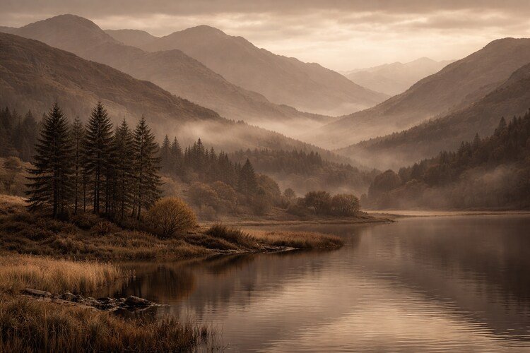 Atmospheric landscape of misty, layered mountains and a calm lake at dawn in sepia-toned mocha and taupe.