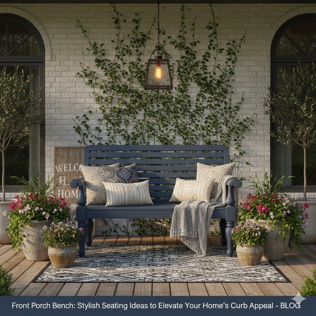 A stylish navy blue wooden bench centered on a charming front porch with a white brick wall and climbing green vines. The bench is decorated with neutral-toned patterned pillows and a textured throw blanket, sitting on a black and white geometric outdoor rug. The scene is framed by large potted flowers, two olive trees, and an industrial-style hanging lantern, creating a welcoming and elevated curb appeal.