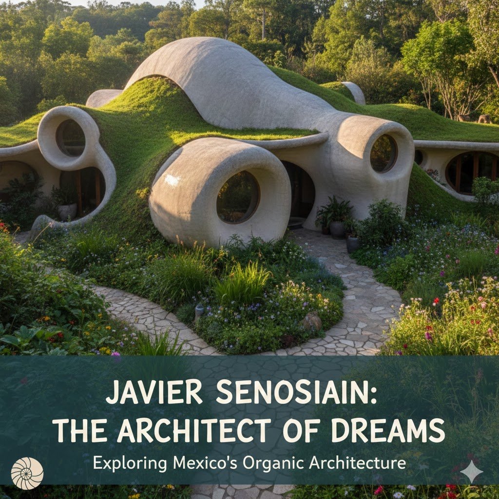 A grass-covered organic building with circular windows, inspired by Javier Senosiain’s architecture, titled "The Architect of Dreams.