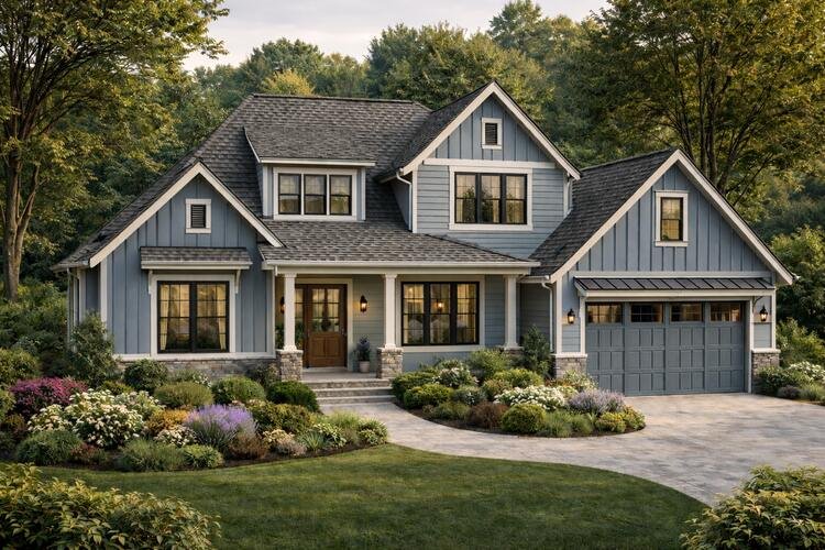 Stately home with a dark brown roof and dusty blue-gray siding with white columns.
