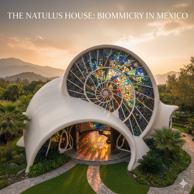 An exterior view of the Nautilus House in Mexico, a shell-shaped architectural marvel. The structure features a white, organic curving exterior with a massive circular stained-glass window in a spiral pattern. Warm sunlight filters through the multicolored glass, casting vibrant reflections onto the stone entryway and lush green gardens.