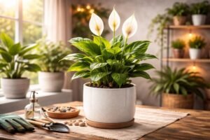 Peace lily with white blooms in a ceramic pot on a wooden table in a bright indoor setting.