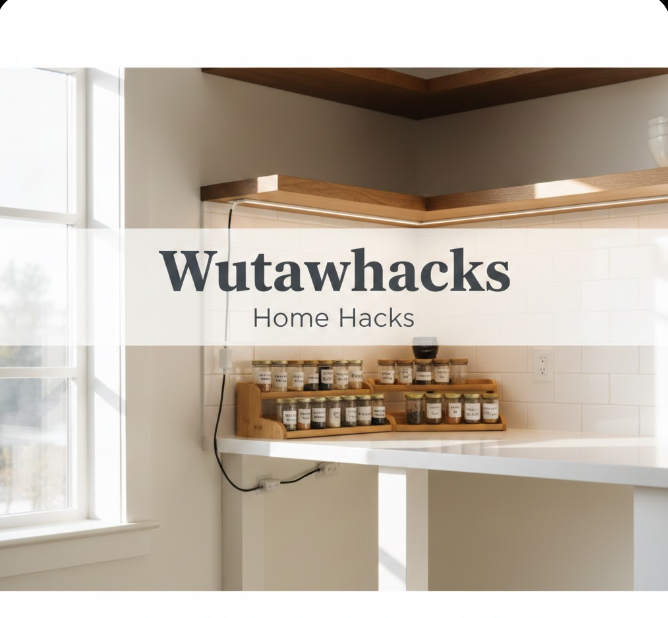 A clean, modern kitchen featuring a "Wutawhacks Home Hacks" logo centered on a white translucent banner. The background shows a bright, minimalist countertop with organized spice jars on a bamboo tiered rack and a clever under-cabinet LED lighting strip. Large windows provide soft, natural light, creating a bright and airy DIY home improvement atmosphere.