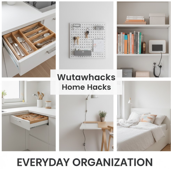 A clean, six-panel collage showcasing various home organization hacks under the brand "Wutawhacks Home Hacks." The panels include a neatly organized bamboo cutlery drawer, a white pegboard for keys and mail, a tidy bookshelf, and a minimalist bedroom and workspace. The bottom of the image features a bold banner that reads "EVERYDAY ORGANIZATION" in dark capital letters.