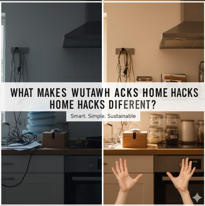 A comparative four-panel image for "Wutawhacks Home Hacks." The left side is darkened, representing common home clutter with tangled white power cords on a kitchen counter. The right side is bright and clear, showing a clean kitchen space. A central white graphic block features the text "WHAT MAKES WUTAWHACKS HOME HACKS DIFFERENT?" followed by the tagline "Smart. Simple. Sustainable."