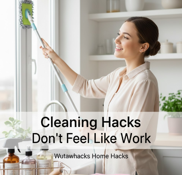 A smiling woman in a bright, modern kitchen effortlessly cleaning a window with a long-reach microfiber tool. In the foreground, a stylish wire basket holds amber glass spray bottles and natural cleaning brushes next to neatly folded pastel cloths. A semi-transparent overlay reads "Cleaning Hacks Don't Feel Like Work" with the "Wutawhacks Home Hacks" branding below.