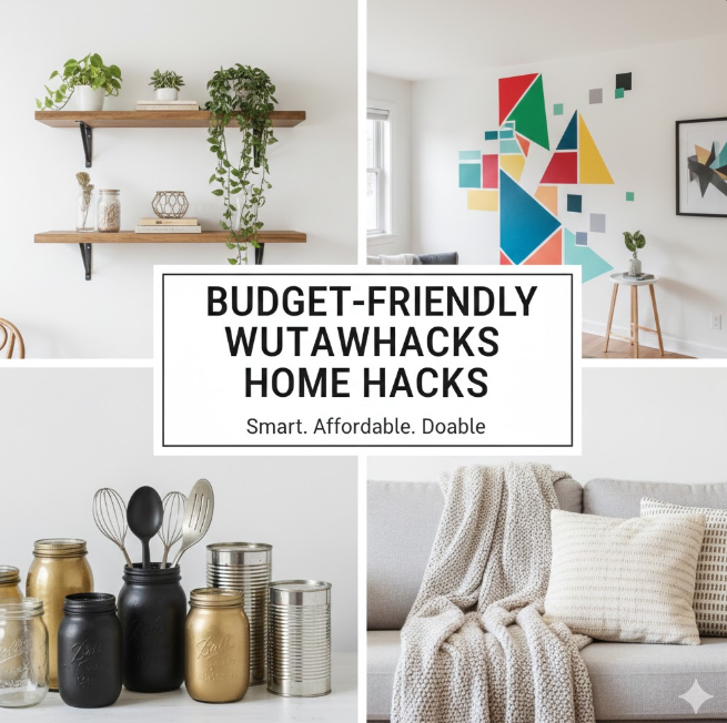 A four-panel collage showcasing affordable DIY home improvements. Top-left: Simple wooden floating shelves with small potted plants. Top-right: A modern living room with a colorful geometric wall art mural. Bottom-left: Upcycled mason jars and tin cans painted gold and matte black used as stylish kitchen utensil holders. Bottom-right: A cozy grey sofa with a textured cream throw blanket and patterned pillows. A central circular logo reads "52 Budget-Friendly Wutawhacks Home Hacks: Smart. Affordable. Doable."