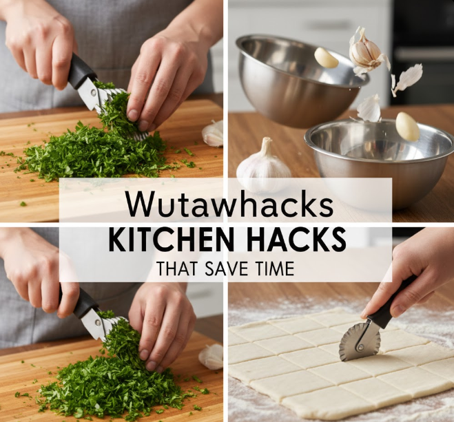 A four-panel collage demonstrating time-saving kitchen techniques under the "Wutawhacks Kitchen Hacks" brand. Top-left and bottom-left: A person using multi-blade herb shears to quickly chop fresh cilantro on a wooden board. Top-right: Garlic cloves being shaken between two stainless steel bowls to peel them instantly. Bottom-right: A pastry wheel being used to perfectly score dough into uniform squares. The central text reads "Wutawhacks KITCHEN HACKS THAT SAVE TIME."