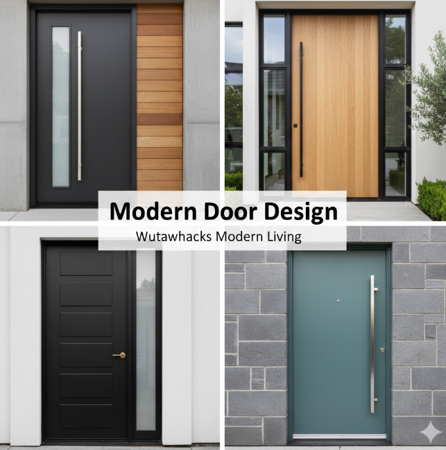 A four-panel collage showcasing contemporary front door designs under the heading "Modern Door Design" by Wutawhacks Modern Living. Featured styles include a black door with wood slat accents, a natural light oak door with a full-length glass side panel, a sleek matte black horizontal paneled door, and a muted teal door set against a grey brick wall. All doors feature long, minimalist silver or gold hardware.