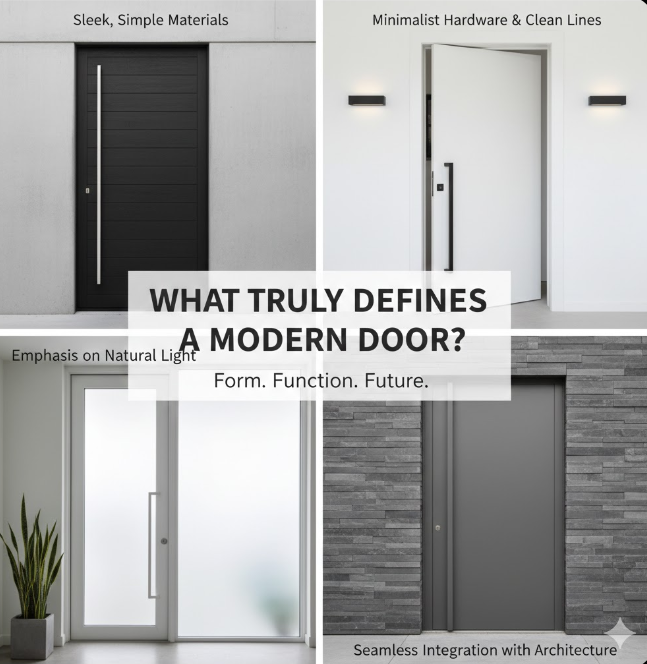 A four-panel educational graphic titled "WHAT TRULY DEFINES A MODERN DOOR?" with the tagline "Form. Function. Future." The top-left panel shows a black horizontal-slat door representing "Sleek, Simple Materials." The top-right shows a minimalist white pivot door representing "Minimalist Hardware & Clean Lines." The bottom-left features a large glass door representing "Emphasis on Natural Light." The bottom-right shows a grey door flush with a stone wall representing "Seamless Integration with Architecture."
