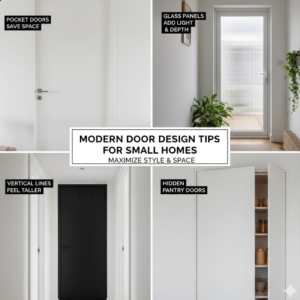 A four-panel instructional collage titled "MODERN DOOR DESIGN TIPS FOR SMALL HOMES: Maximize Style & Space." Top-left: A white sliding pocket door with the text "POCKET DOORS SAVE SPACE." Top-right: A frosted glass entryway door with the text "GLASS PANELS ADD LIGHT & DEPTH." Bottom-left: A tall, slim black door with vertical grooves and the text "VERTICAL LINES FEEL TALLER." Bottom-right: Sleek white minimalist doors opening to reveal a pantry with the text "HIDDEN PANTRY DOORS."