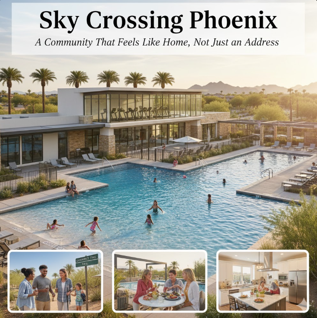 A vibrant community lifestyle collage for Sky Crossing Phoenix. The main image features a luxury resort-style pool with families swimming, set against a modern community center with a glass-walled fitness center and desert mountains in the background. Three smaller inset photos show neighbors walking along a desert trail, friends enjoying an outdoor brunch by the pool, and a family gathered around a modern kitchen island with high-end appliances.