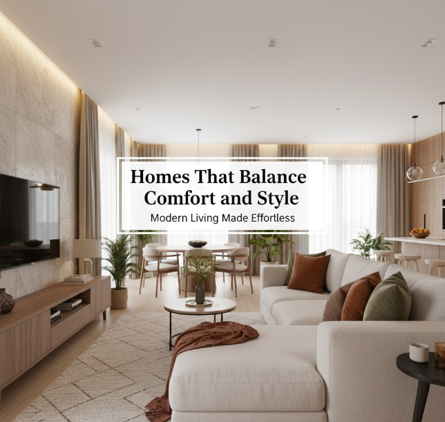 A bright, airy open-concept living room featuring a plush cream sectional sofa adorned with earth-toned pillows and a textured brown throw. The space includes a geometric area rug, a round wooden coffee table, and a sleek floating media console beneath a wall-mounted TV set against a stone-textured accent wall. In the background, a light wood dining set sits near large windows with soft, sheer curtains. A central white text box reads "Homes That Balance Comfort and Style: Modern Living Made Effortless."