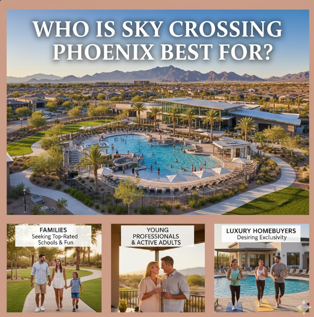 A multi-panel marketing graphic titled "WHO IS SKY CROSSING PHOENIX BEST FOR?" against a desert-themed background. The top main image shows an aerial view of the community's resort pool and modern clubhouse with mountains in the distance. Below are three inset photos: Left shows a family walking on a paved park trail labeled "FAMILIES Seeking Top-Rated Schools & Fun"; Middle shows a couple enjoying wine on a sunset patio labeled "YOUNG PROFESSIONALS & ACTIVE ADULTS"; Right shows residents with tennis rackets by a pool labeled "LUXURY HOMEBUYERS Desiring Exclusivity."