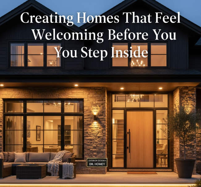 A luxury home exterior at dusk designed by Dr. Homey, showcasing a warm and inviting entryway. The design features a large light-wood pivot door, dark charcoal siding on the upper gables, and a natural stone-clothed lower facade. Warm architectural lighting illuminates a cozy outdoor lounge area with a wicker sofa, while large black-framed windows reveal a glowing, sophisticated interior. A small black plaque reads "EXTERIOR DESIGN BY DR. HOMEY."