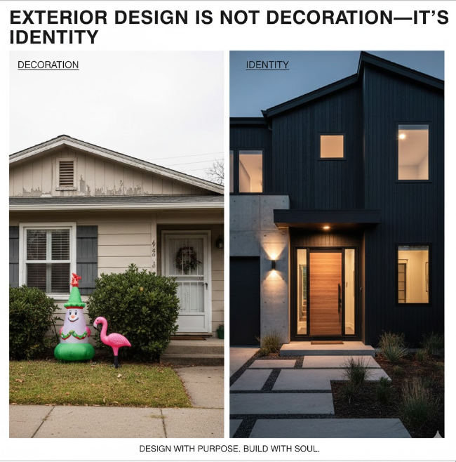 A "Before and After" style comparison graphic titled "EXTERIOR DESIGN IS NOT DECORATION—IT’S IDENTITY." On the left, labeled "DECORATION," is an older home with peeling paint and mismatched lawn ornaments like a plastic flamingo and an inflatable snowman. On the right, labeled "IDENTITY," is a stunning modern home with charcoal vertical siding, a warm wood pivot door, architectural concrete walls, and intentional minimalist landscaping. The footer reads: "DESIGN WITH PURPOSE. BUILD WITH SOUL."