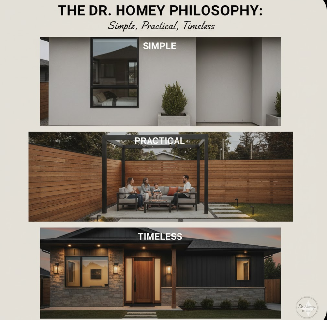An educational three-tier graphic titled "THE DR. HOMEY PHILOSOPHY: Simple, Practical, Timeless." The top panel, "SIMPLE," shows a minimalist white stucco exterior with a single clean black-framed window. The middle panel, "PRACTICAL," features a family sitting in a functional, modern backyard patio with a wood privacy fence and a metal pergola. The bottom panel, "TIMELESS," showcases a complete home front with stone veneer, dark siding, and warm lighting that blends classic and modern styles. A "Dr. Homey" logo is in the bottom right corner.