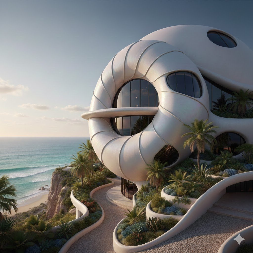 Modern organic architecture: a white nautilus-shaped building on a beach cliff with tropical landscaping and ocean views.