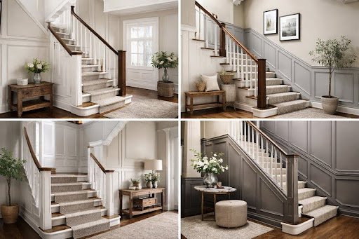 Modern staircase wainscoting ideas with white and gray wall panel designs.