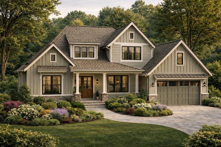Elegant home with a brown textured roof and warm greige siding, featuring white trim and stone accents.