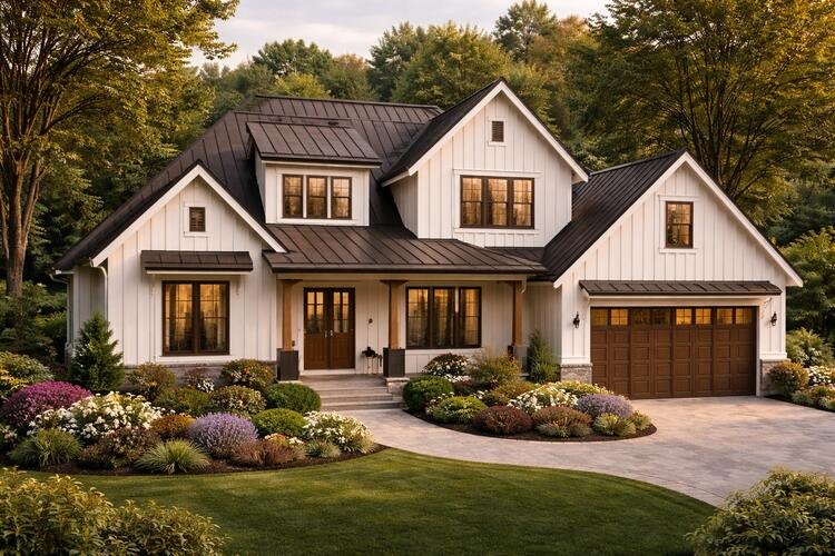 Modern farmhouse with a dark metal roof, crisp white board-and-batten siding, and bronze-toned window frames.