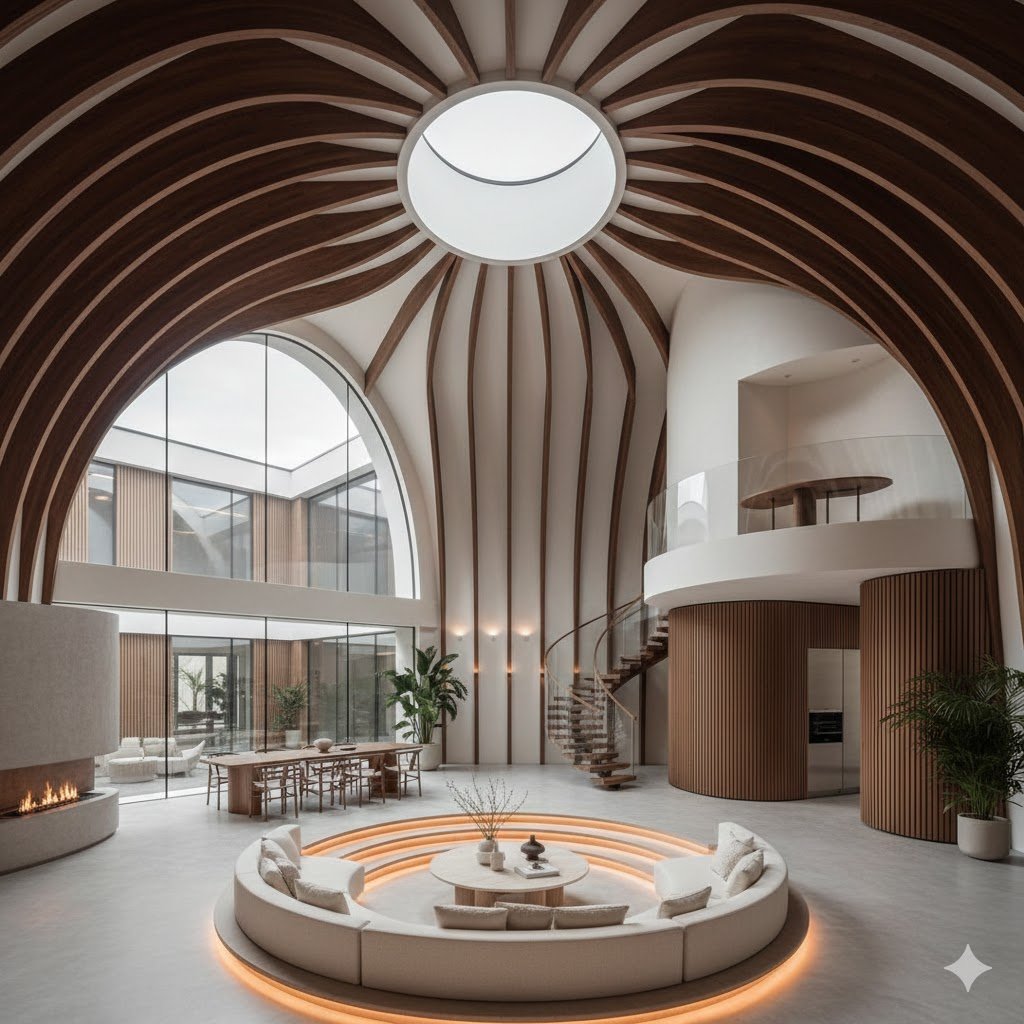 A modern eco-friendly house featuring a steep gabled roof equipped with both solar panels and a lush green living roof. The design includes large floor-to-ceiling glass walls for passive solar heating, a wood-cladded upper level, and a concrete foundation that houses visible rainwater collection tanks. The surrounding landscape is filled with native, drought-resistant plants.