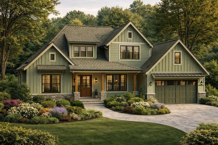 Craftsman-style home with a textured brown roof and sage green siding, blended with natural wood accents.