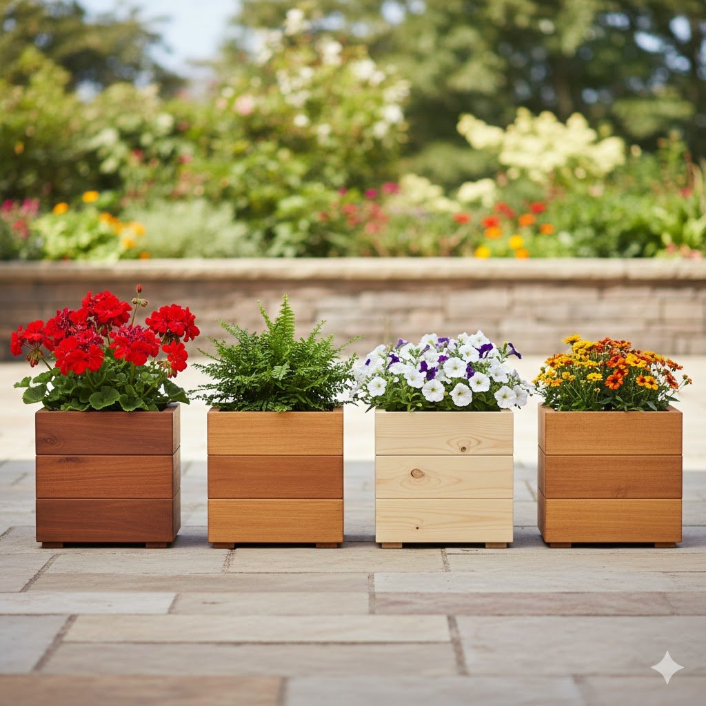 A side-by-side comparison of four square wooden planter boxes on a stone patio, each labeled with a different wood type: Cedar, Redwood, Pine (pressure-treated), and Douglas Fir. The boxes feature different wood grains and shades, ranging from deep reddish-brown to light tan, and are planted with vibrant red geraniums, green ferns, and white and purple petunias. A sunny garden with a stone wall is blurred in the background.