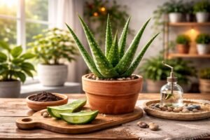 Aloe vera plant in a clay pot on a wooden table with fresh cut leaves in a bright indoor space.