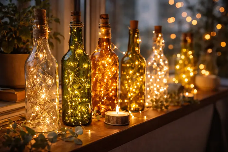 Decorative glass bottles filled with warm fairy lights on a window sill.