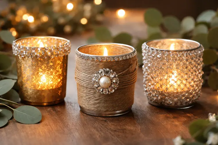Decorative candle holders with warm glowing lights on a wooden table.
