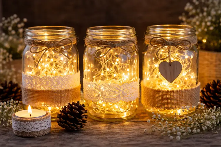 Decorative mason jars with warm fairy lights and lace accents.