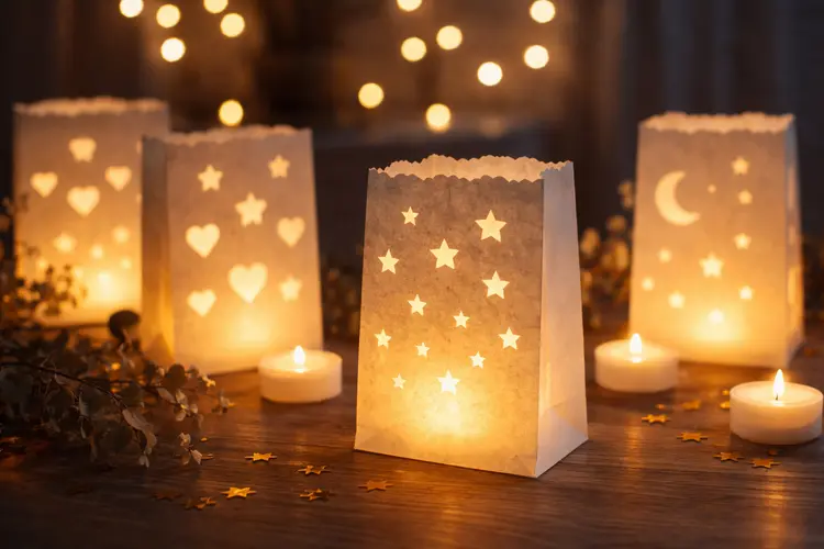 Paper lantern bags glowing with candlelight and star cutouts.