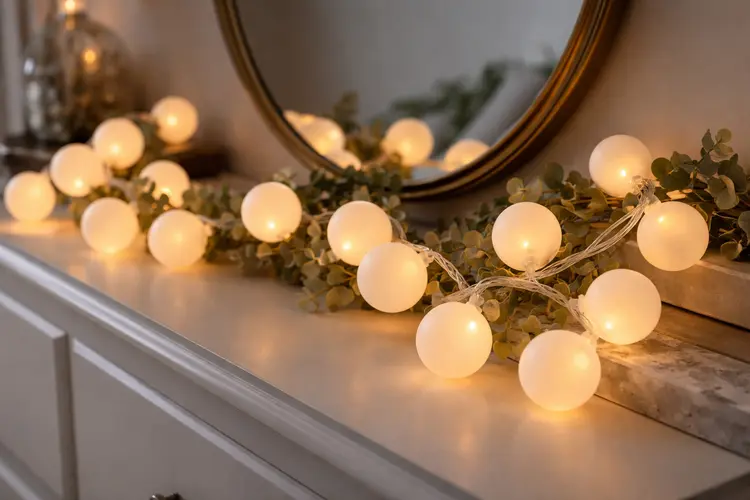 Warm glowing ping pong ball string lights on a dresser with mirror.