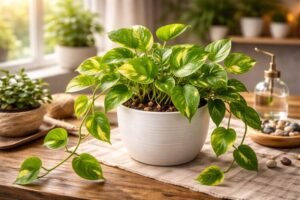 Pothos plant with trailing green leaves in a white pot on a wooden table near a bright window.