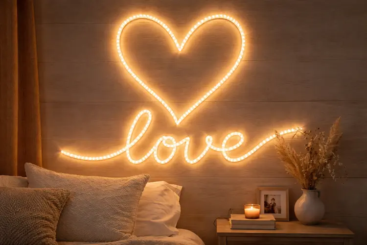 Heart-shaped love neon light glowing above a cozy bed.
