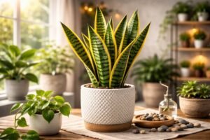 Snake plant in a white pot on a wooden table in bright indoor light.