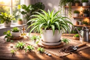 Spider plant with long striped leaves and baby plantlets in a white pot on a wooden table indoors.