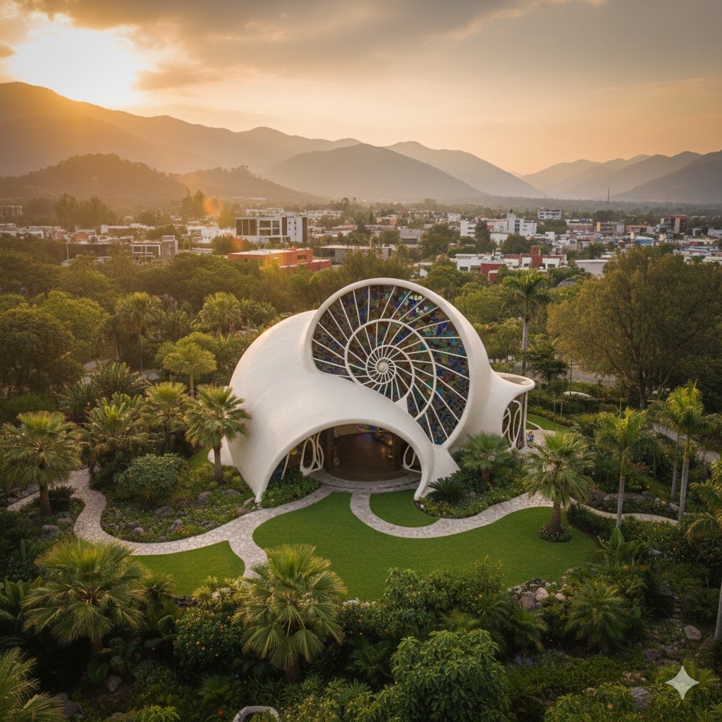 A high-angle, wide-shot of the Nautilus House nestled in a lush green valley in Naucalpan, Mexico. The white, shell-shaped structure is surrounded by tropical gardens and winding stone paths. In the background, the suburban landscape stretches toward misty mountains under a warm, golden sunset sky.
