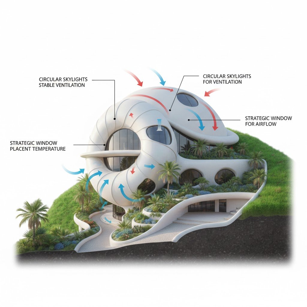 An architectural cross-section diagram of a shell-inspired house integrated into a grassy hillside. Red and blue arrows illustrate airflow for "stable ventilation" through "circular skylights" and "strategic windows" designed for "placent temperature" and natural cooling.