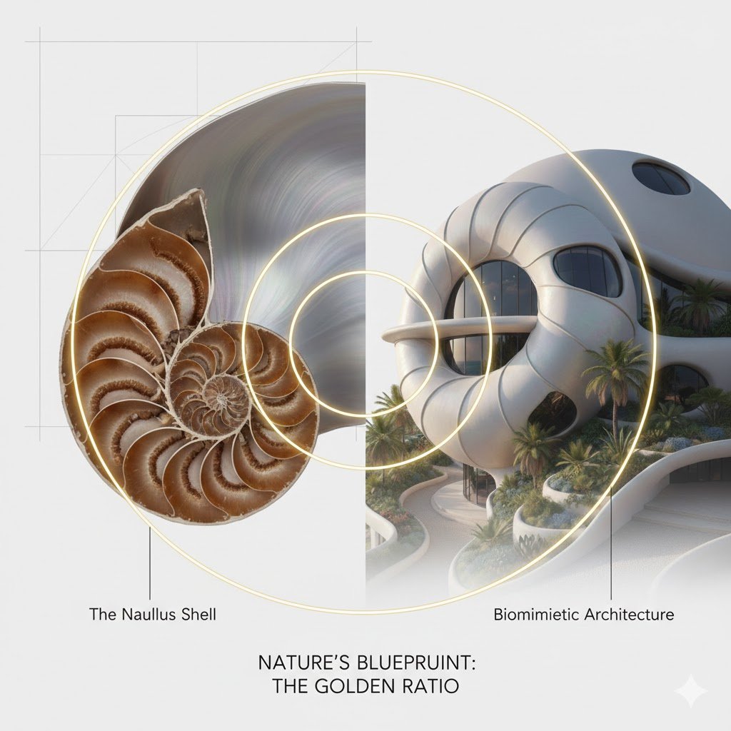 A split-screen educational graphic titled "Nature’s Blueprint: The Golden Ratio." The left side shows a cross-section of a Nautilus shell revealing its logarithmic chambers, while the right side shows a modern biomimetic building with matching spiral curves. Glowing gold circles overlay both to highlight the mathematical Fibonacci sequence shared by both structures.
