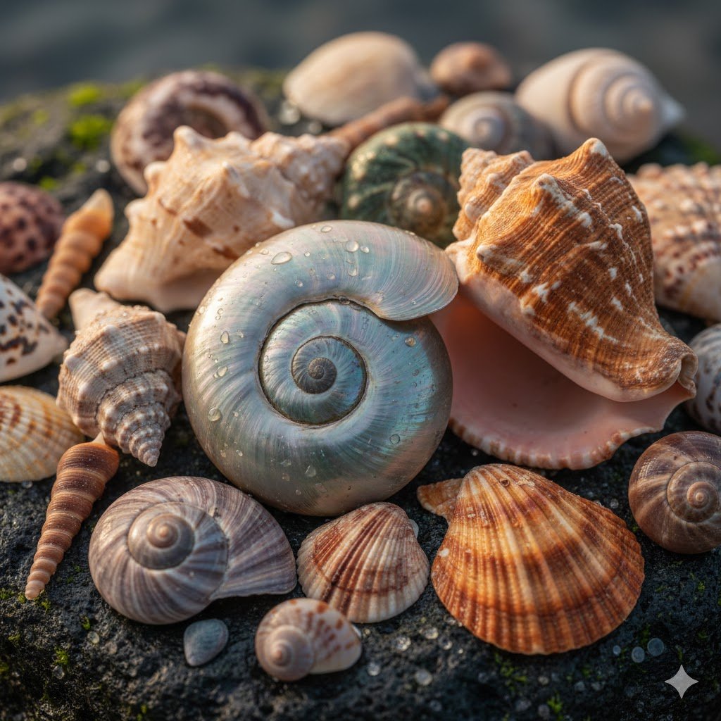 A collection of diverse seashells resting on a dark, mossy rock. A prominent pearlescent, silver-toned spiral shell with water droplets sits in the center, surrounded by ribbed conch shells, textured brown gastropods, and smaller pointed shells in warm earthy tones.