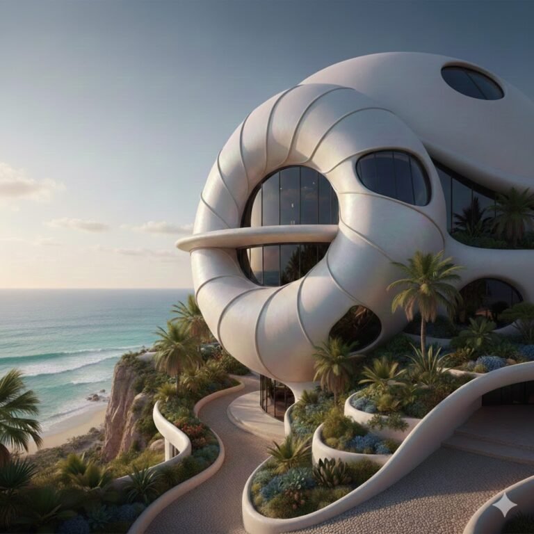 A high-end architectural concept of a shell-inspired luxury villa on a tropical coastline. The building features white pearlescent spiral curves, large circular glass windows, and tiered garden terraces with palm trees, overlooking a blue ocean at dusk.