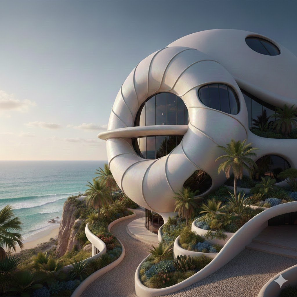 A high-end architectural concept of a shell-inspired luxury villa on a tropical coastline. The building features white pearlescent spiral curves, large circular glass windows, and tiered garden terraces with palm trees, overlooking a blue ocean at dusk.