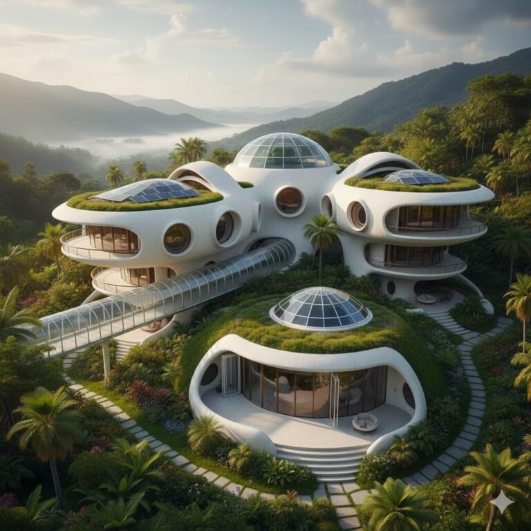 A breathtaking aerial view of a futuristic, shell-inspired villa nestled in a lush tropical valley. The architectural design features white, flowing curved extensions, multiple glass domes, solar panels integrated into living green roofs, and a glazed elevated walkway connecting separate organic pods amidst a misty mountain landscape.
