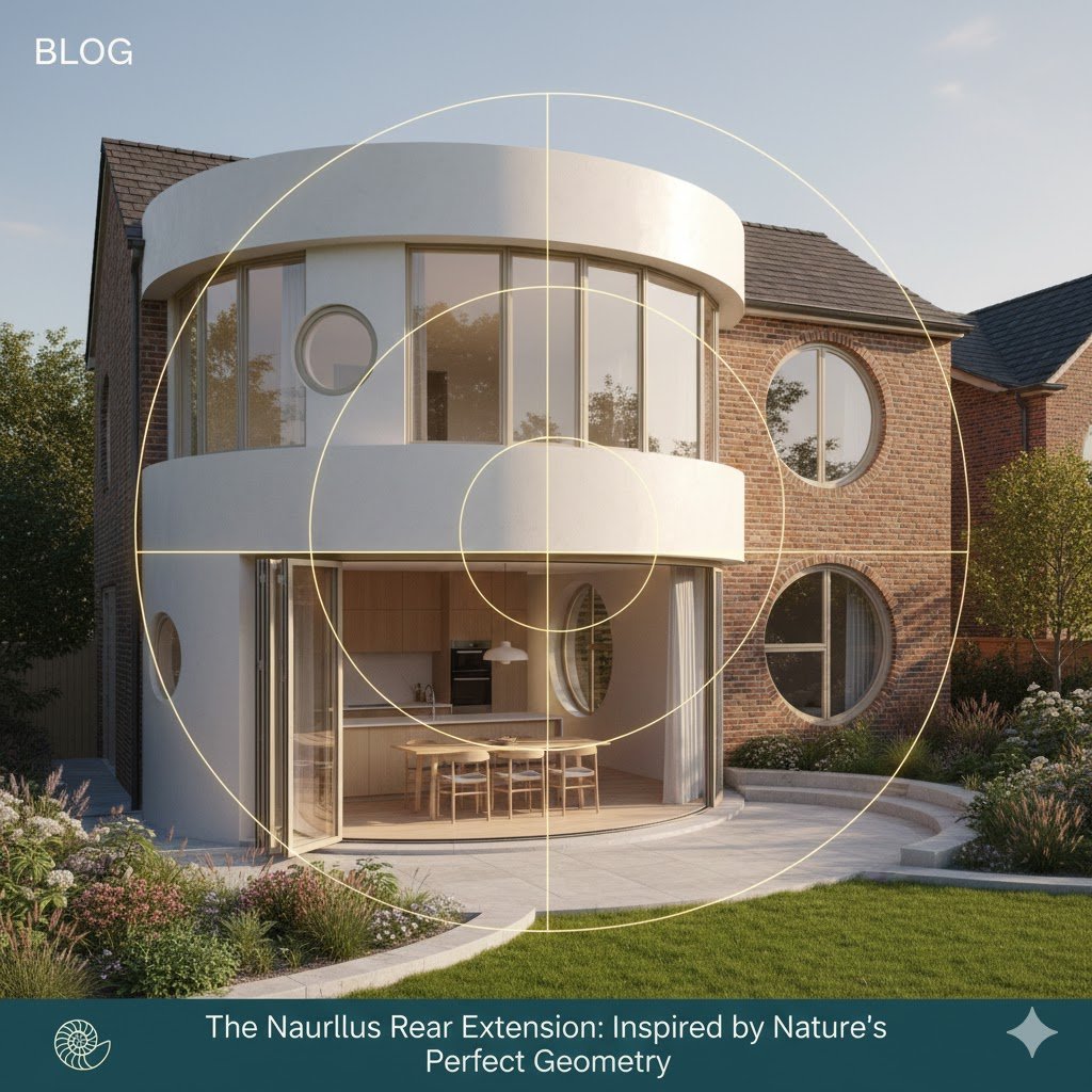 A contemporary two-story brick home featuring a white, circular rear extension inspired by the nautilus shell. The image includes a golden ratio spiral overlay to demonstrate the geometric design. The extension features large bi-fold doors opening to a stone patio, circular oculus windows, and an open-plan kitchen and dining area visible inside.